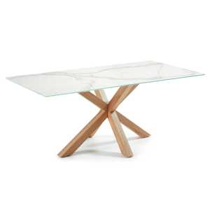 Kave Home - Tisch Argoaus weißem Kalos-Porzellan und Beinen aus Stahl in Holzoptik, 180 x 100 cm