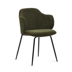 Kave Home - Yunia Stuhl in breitem Cord in Grün mit Stahlbeinen in Schwarz