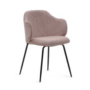 Kave Home - Yunia Stuhl in breitem Cord in Rosa mit Stahlbeinen in Schwarz FR
