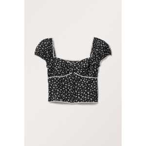 Monki Kurzärmelige Popeline-Bluse mit Puffärmeln Schwarz-weißer Blumendruck, Blusen in Größe XL. Farbe: Black & white floral print