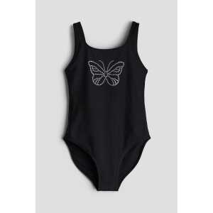 H&M Gerippter Badeanzug Schwarz/Schmetterling in Größe 158/164. Farbe: Black/butterfly