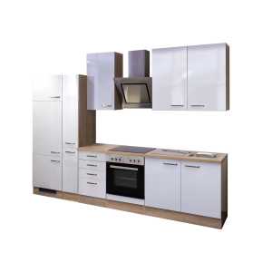 Küchenblock Valero Weiß Hochglanz/Eiche Sonoma Nachbildung 300 cm - inkl. Geräteset