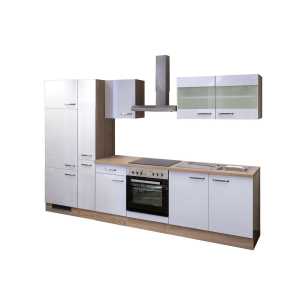 Küchenblock Valero Weiß Hochglanz/Eiche Sonoma Nachbildung 300 cm - inkl. Geräteset