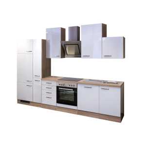 Küchenblock Valero Weiß Hochglanz/Eiche Sonoma Nachbildung 310 cm - inkl. Geräteset