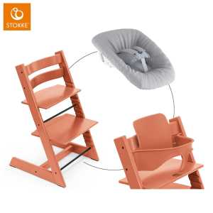 STOKKE® Mega Tripp Trapp® Set Hochstuhl Buche Terracotta inkl. Newborn Set™ Grey und Baby Set Terracotta