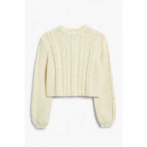 Monki Kurzes weißes Langarmoberteil aus Grobstrick Blasses Hellweiß, Pullover in Größe L. Farbe: White dusty light