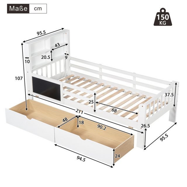 SeedWave Kinderbett mit Tafel, Massivholzbett mit Schubladen und Ablagefach, Schutzgeländer, Skandinavischer Stil, 90 x 200 cm, Weiß
