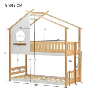 Ulife Kinderbett Hausbett, Etagenbett in Eiche hell & weiß mit Leiter & 2 Liegeflächen (Packung, 1 Bett), Mit einem dreieckigen Dach