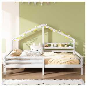 XDeer Jugendbett Hausbett Kinderbett mit Ablageregal Kaminform 90x200 Weiß