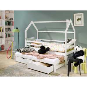 thematys Hausbett mit Ausziehbett und zwei Schubladen in weiß Kinderbett (Kinderzimmer-Bett), aus massiv Kieferholz