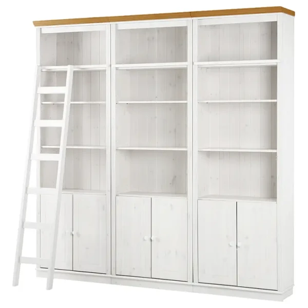 Massive Bücherwand Typ C Korpus & Front: Massivholz Kiefer, lackiert Kranz: Massivholz Kiefer, gebeizt Weiß/Kiefer Weiß/Kiefer Honig 222 x 223