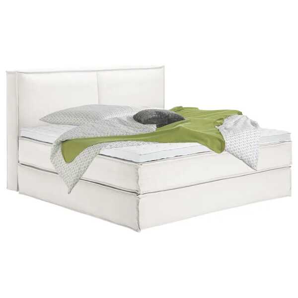 Premium Boxspringbett mit Kopfteil 200 x 220cm Flachgewebe Weiß/Weiß H2 130 cm
