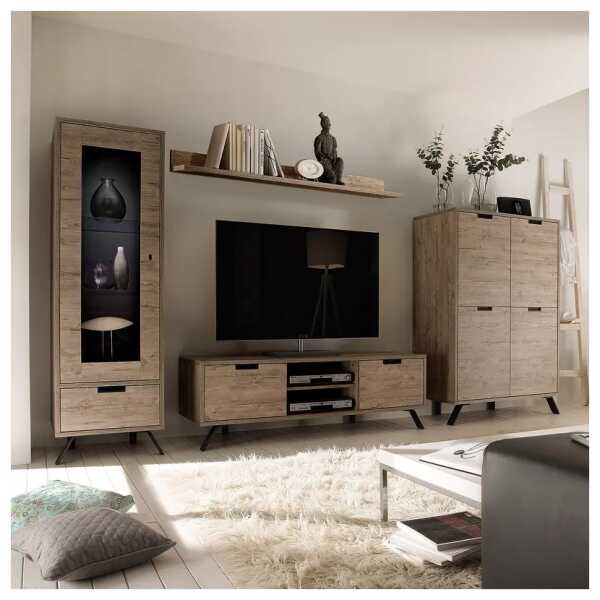 Wohnwand Palma Front, Korpus & Wandboard: Spanplatte, beschichtet Gestell: Metall Griffe: Kunststoff Beige/Eiche Dekor 359 x 173 x 50cm mit