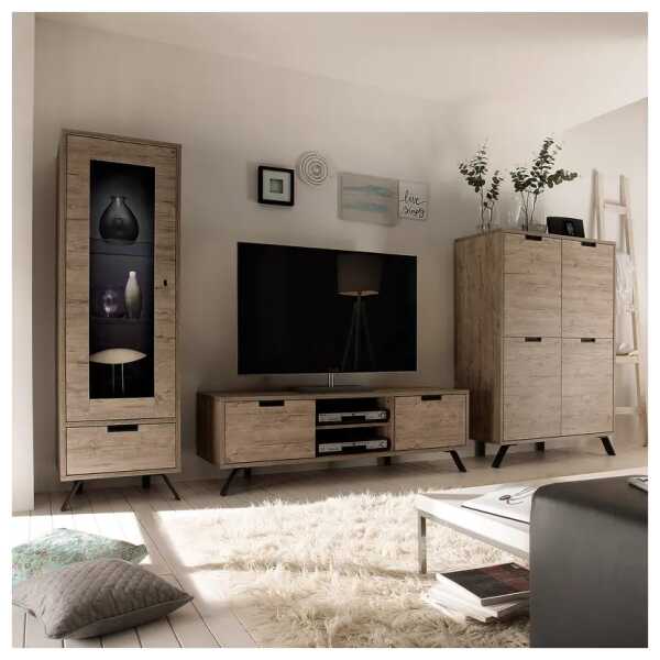Wohnwand Palma Front, Korpus & Wandboard: Spanplatte, beschichtet Gestell: Metall Griffe: Kunststoff Beige/Eiche Dekor 359 x 173 x 50cm ohne