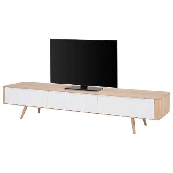 TV-Lowboard Front: MDF Mitteldichte Holzfaserplatte , lackiert Korpus & Beine: Massivholz Wildeiche, geölt Weiß/Wildeiche hell geölt 225 x 42cm