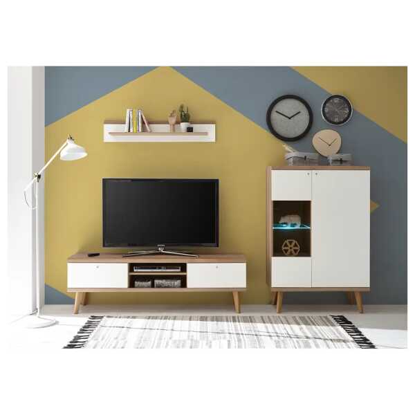 Wohnwand V 3-teilig Front & Korpus: MDF Mitteldichte Holzfaserplatte , foliert Griffe: Metall, lackiert Braun/Weiß 250 x 160 x 40cm