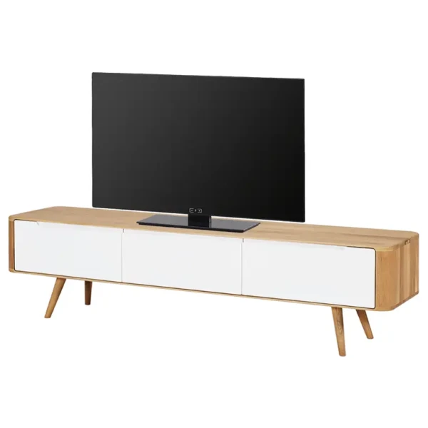 TV-Lowboard Front: MDF Mitteldichte Holzfaserplatte , lackiert Korpus & Beine: Massivholz Wildeiche, geölt Weiß/Wildeiche 180 x 42cm