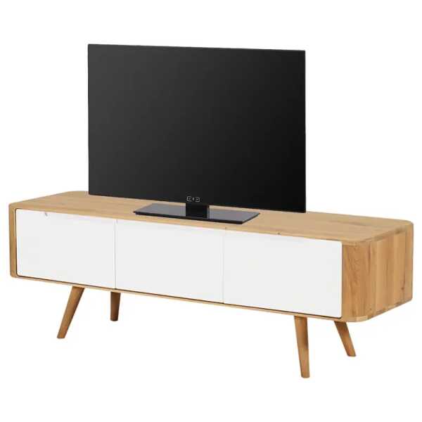 TV-Lowboard Front: MDF Mitteldichte Holzfaserplatte , lackiert Korpus & Beine: Massivholz Wildeiche, geölt Weiß/Wildeiche 135 x 42cm