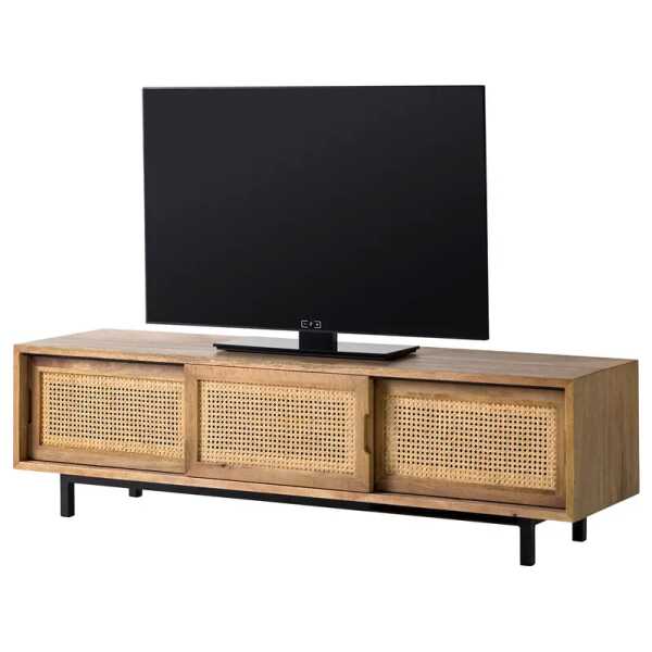 Massives TV-Lowboard Front: Rattan, lackiert Korpus & Rückwand: Massivholz Mango, lackiert Gestell: Eisen, epoxidbeschichet Braun 160 x 45 x