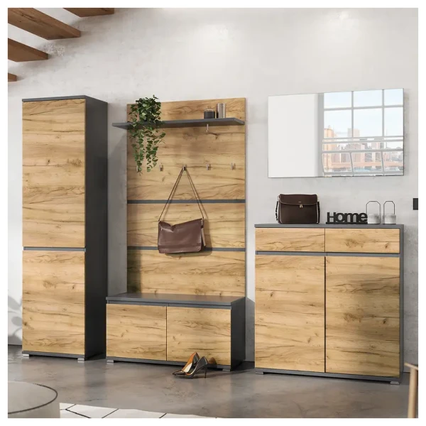 Garderobenset Lissabon II 5-teilig 276 x 200 x 40cm Braun/Grau/Eiche Navarra Dekor