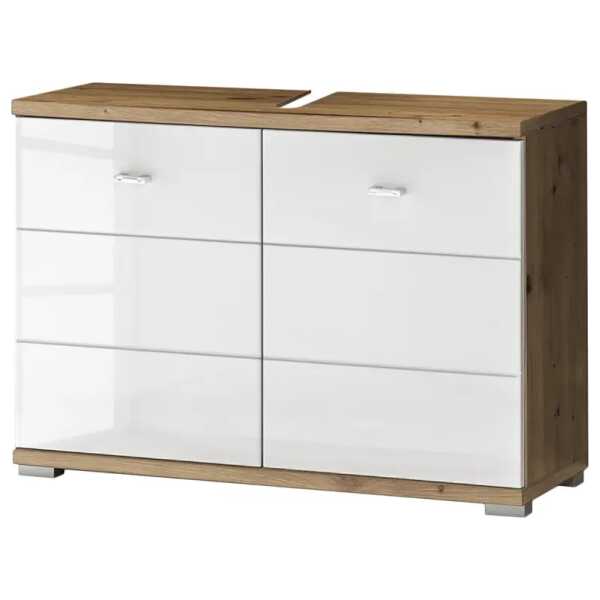 Waschbeckenunterschrank 80cm Braun/Weiß/Hochglanz Weiß/Eiche Dekor