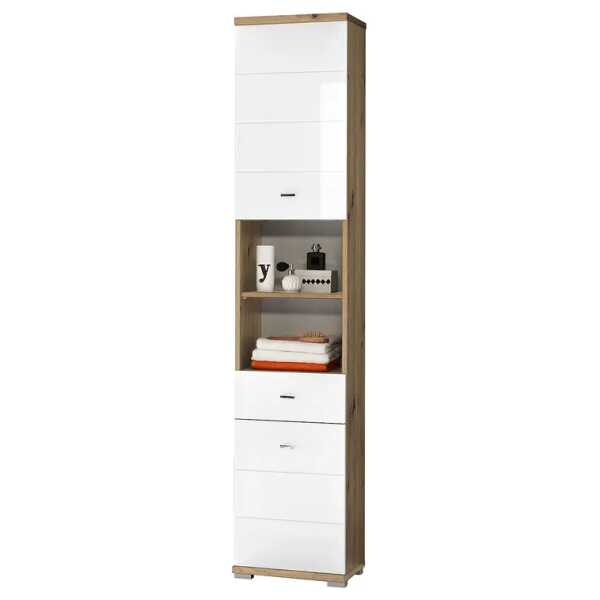 Hochschrank 38 x 190 x 30cm Braun/Weiß/Hochglanz Weiß/Eiche Dekor