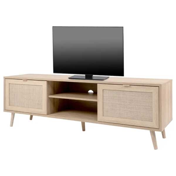TV-Lowboard Front & Korpus: MDF Mitteldichte Holzfaserplatte , beschichtet Griffe: Kunststoff Füße: Massivholz Eiche, lackiert Braun/Beige 150