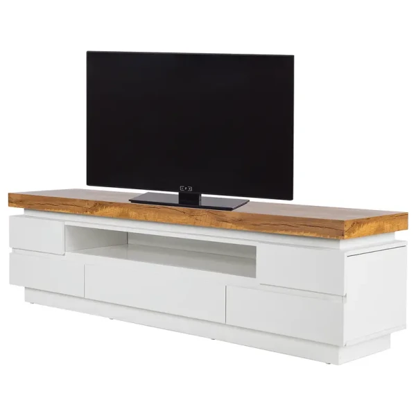 TV-Lowboard II Deckplatte: MDF Mitteldichte Holzfaserplatte , foliert Front & Korpus: MDF Mitteldichte Holzfaserplatte , lackiert Weiß/Eiche