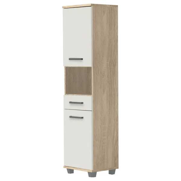 Hochschrank 40 x 187 x 35cm Weiß/Beige/Hochglanz Weiß/Eiche Sonoma Dekor