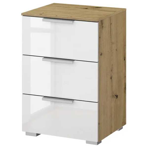 Nachtkommode x3 40cm Weiß/Hochglanz Weiß/Eiche Artisan Dekor Aluminium