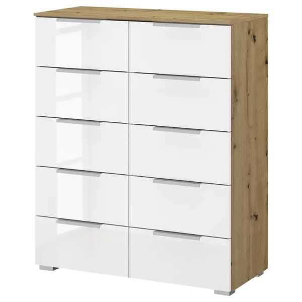 Kommode x10 80 x 100 x 42cm Weiß/Hochglanz Weiß/Eiche Artisan Dekor Aluminium