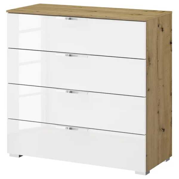 Kommode x4 80cm Weiß/Hochglanz Weiß/Eiche Artisan Dekor Chrom