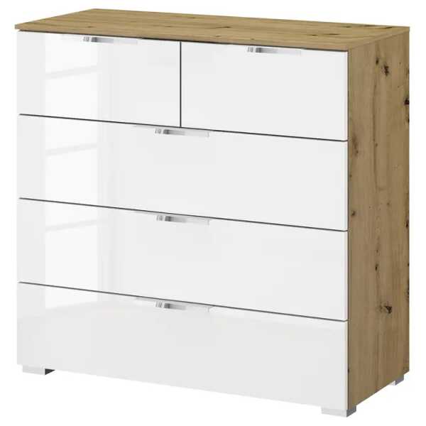 Kommode x3+2 80 x 81 x 42cm Weiß/Hochglanz Weiß/Eiche Artisan Dekor Chrom