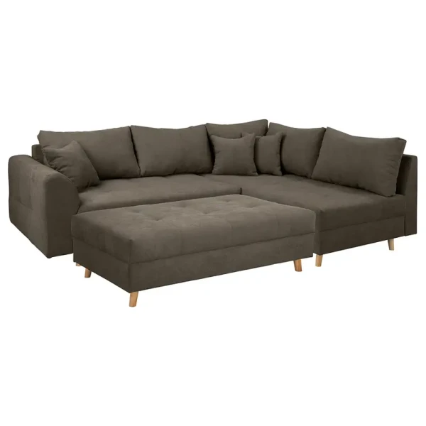 Ecksofa Meyford Grau Microfaser Enza 230 x 85 x 160cm Ottomane davorstehend rechts mit Hocker Skandi