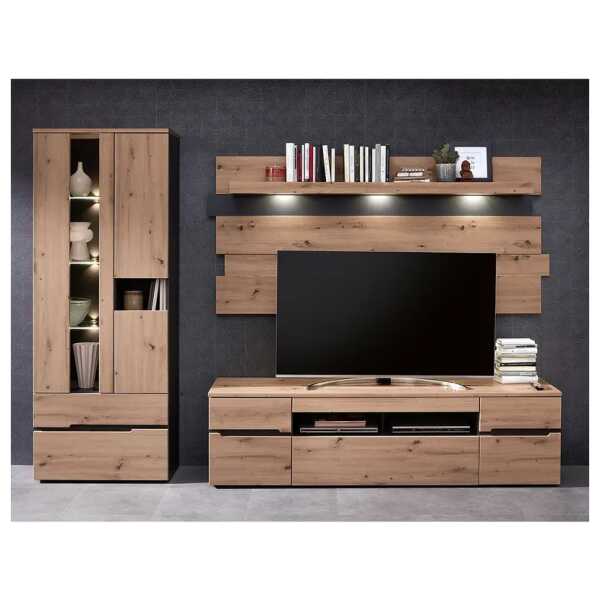 Beleuchtete Wohnwand 3-teilig Front: MDF Mitteldichte Holzfaserplatte , foliert Korpus & Absetzung: Spanplatte, foliert Braun/Eiche Artisan