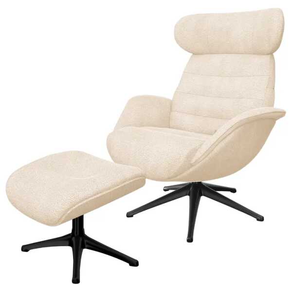 Relaxsessel LESO Beige Bouclé Stoff Bony mit Hocker Schwarz 90 x 107 x 90cm