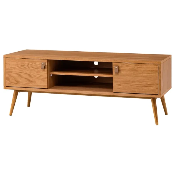 TV-Lowboard 120 cm Front & Korpus: MDF Mitteldichte Holzfaserplatte , furniert & lackiert Griffe: Kunstleder Füße: Massivholz Eiche, lackiert