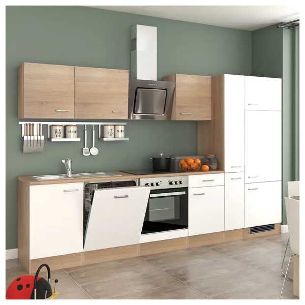 Küchenzeile Cresta Kombi G 310 x 200 x 60cm Braun/Weiß/Weiß/Eiche Sonoma Dekor