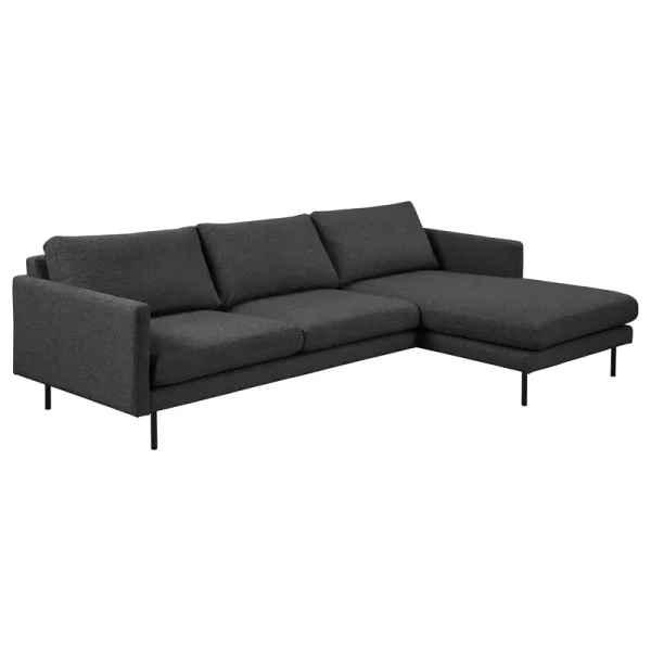Ecksofa mit Longchair Schwarz Strukturstoff Foxy 262 x 82 x 156cm Longchair davorstehend rechts Skandi