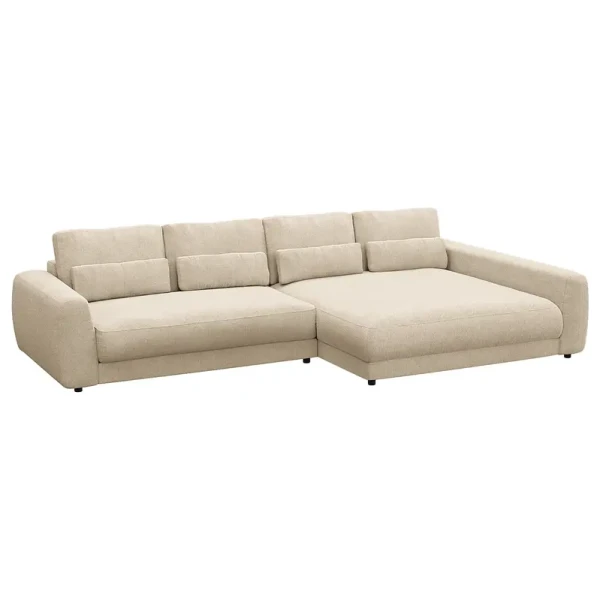 Ecksofa mit XXL-Longchair Beige Webstoff Amila 323 x 80 x 182cm Longchair davorstehend rechts Modern