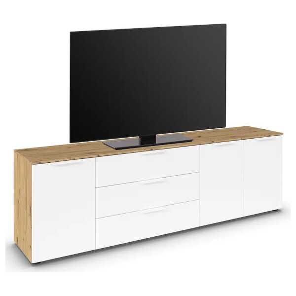 TV-Lowboard Front: Spanplatte, lackiert Korpus: MDF Mitteldichte Holzfaserplatte , lackiert Braun/Alpinweiß/Eiche Artisan Dekor 200cm