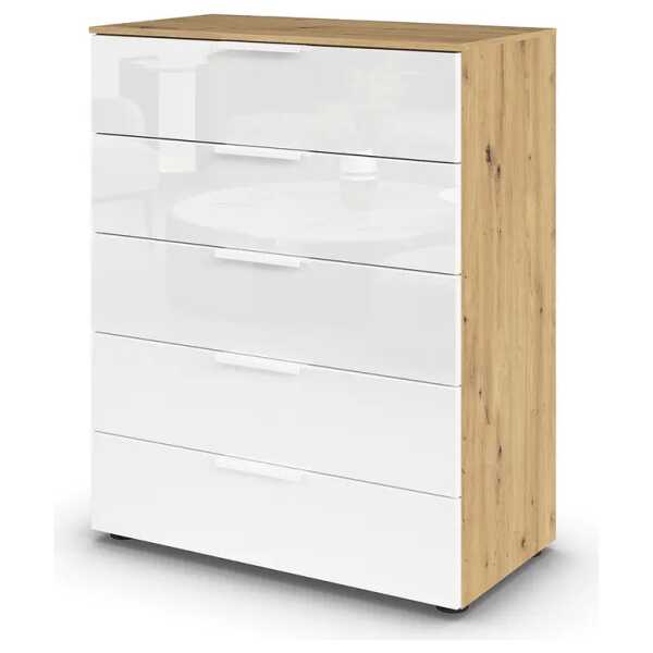 Kommode Glas 5 Schubladen Typ A 80cm Braun/Weiß/Eiche Artisan Dekor