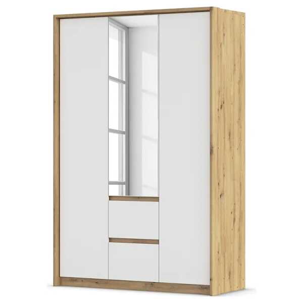 Drehtürenschrank mit Passepartout 141cm ohne Beleuchtung Braun/Weiß/Alpinweiß/Eiche Artisan Dekor mit Spiegeltür/-en