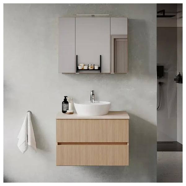 Badset 2-teilig Aufsatzbecken 80 x 200 x 47cm Braun/Eiche hell Dekor/Sandstein Optik