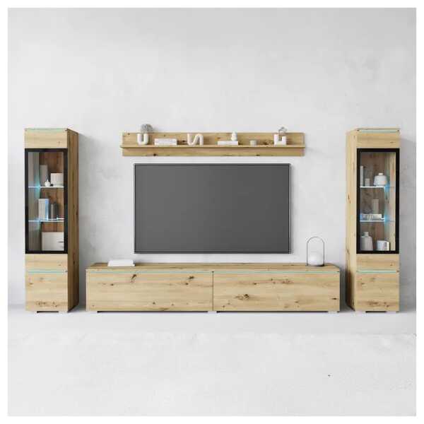 Beleuchtete Wohnwand Cripe 4-teilig Spanplatte, beschichtet Braun/Eiche Artisan Dekor 240 x 130 x 33cm