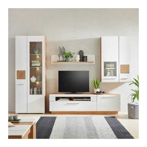 Wohnwand 4-teilig MDF Mitteldichte Holzfaserplatte , foliert Weiß 330 x 202 x 46cm