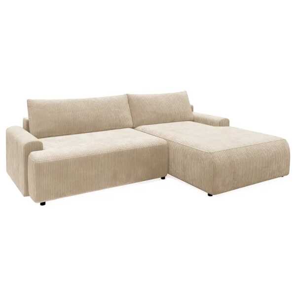 Ecksofa STANZZ mit Schlaffunktion Beige Cordstoff Hilja 253 x 82 x 167cm Longchair davorstehend rechts mit Schlaffunktion Zwei Armlehnen Modern