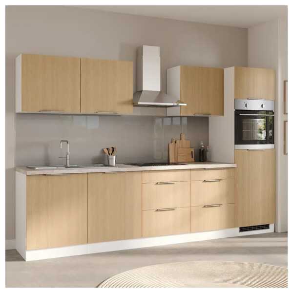 Autarke Küchenzeile 300 cm 300 x 200 x 60cm Braun/Eiche Hell Dekor/Weiß mit Elektrogeräten ohne Kühlschrank
