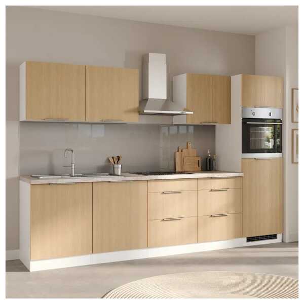 Autarke Küchenzeile 300 cm 300 x 200 x 60cm Braun/Eiche Hell Dekor/Weiß mit Elektrogeräten mit Kühlschrank
