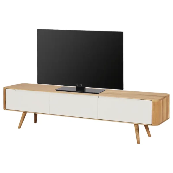 TV-Lowboard Front: MDF Mitteldichte Holzfaserplatte , lackiert Korpus & Beine: Massivholz Wildeiche, geölt Braun/Muschelweiß/Wildeiche 180 x